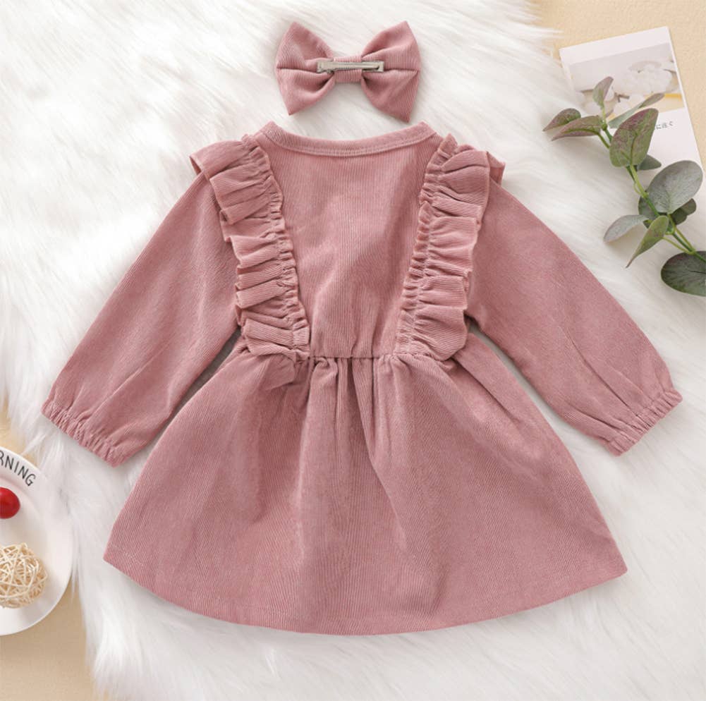 Buttons Ruffle Corduroy Girl Dress & Bow Hair Clip