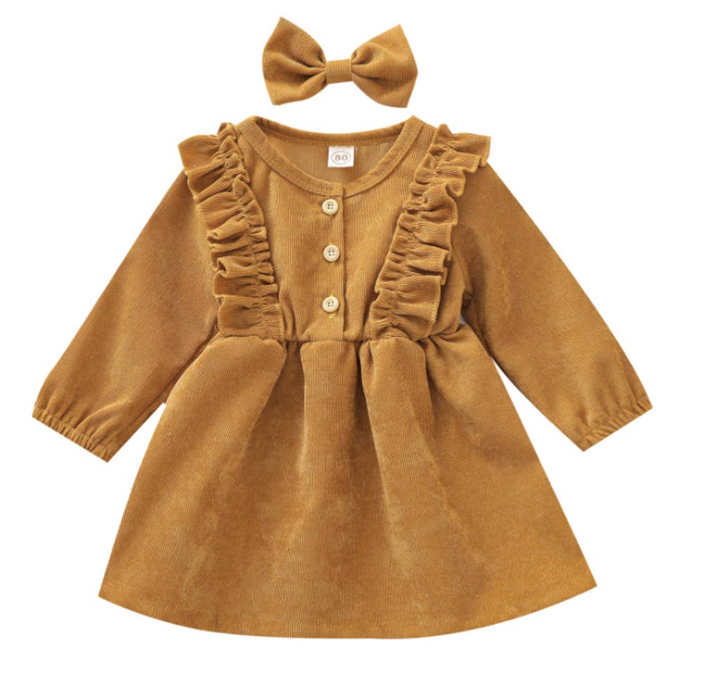 Buttons Ruffle Corduroy Girl Dress & Bow Hair Clip