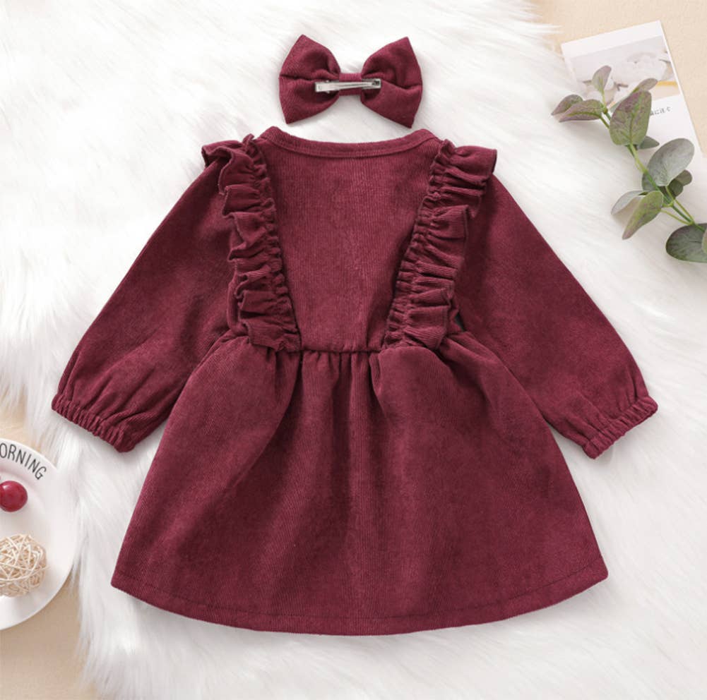 Buttons Ruffle Corduroy Girl Dress & Bow Hair Clip