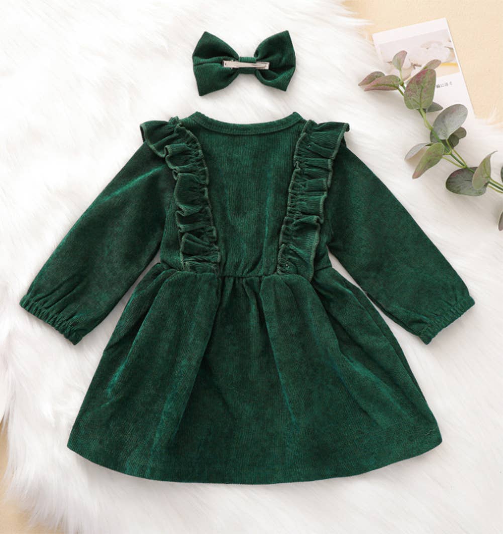 Buttons Ruffle Corduroy Girl Dress & Bow Hair Clip