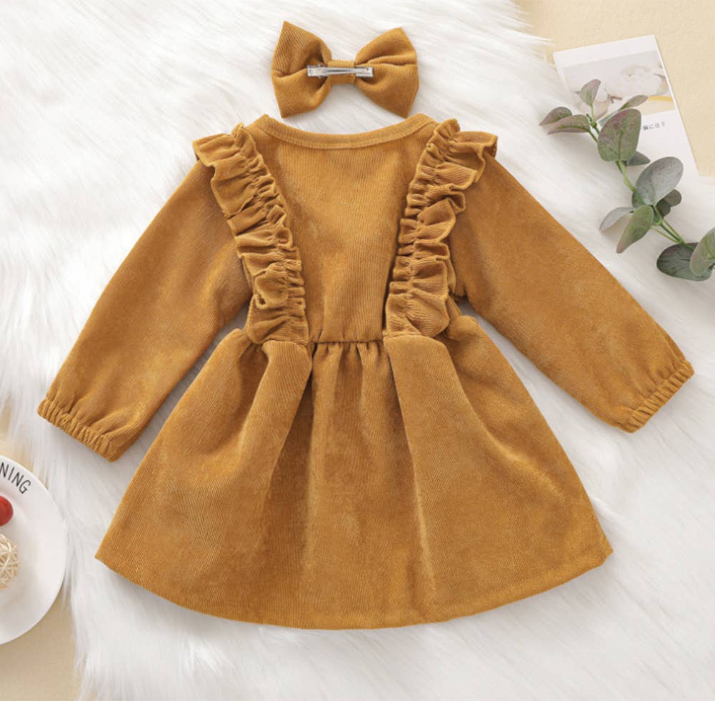Buttons Ruffle Corduroy Girl Dress & Bow Hair Clip