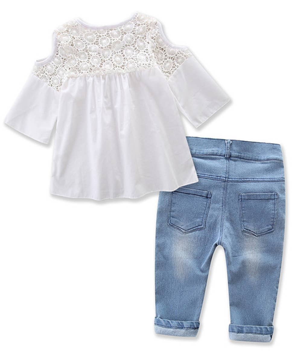 Lace Off Shoulder 3/4 Sleeve Blouse & Jeans 2pcs Girl Outfit