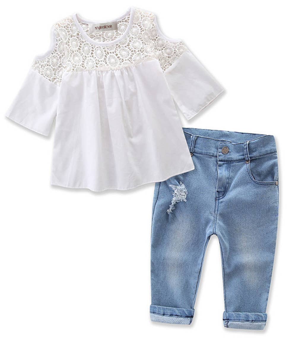 Lace Off Shoulder 3/4 Sleeve Blouse & Jeans 2pcs Girl Outfit