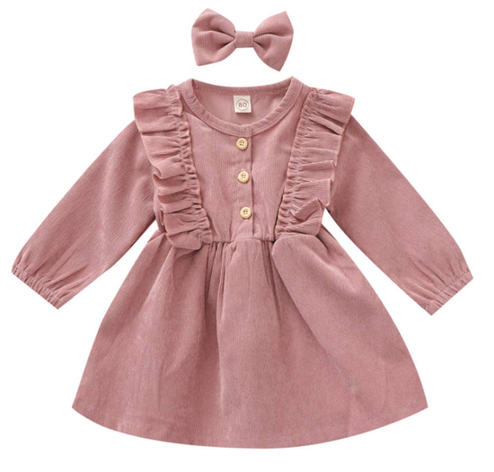 Buttons Ruffle Corduroy Girl Dress & Bow Hair Clip