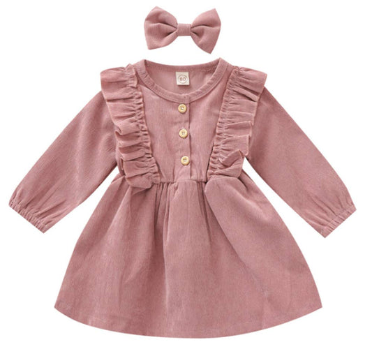 Buttons Ruffle Corduroy Girl Dress & Bow Hair Clip