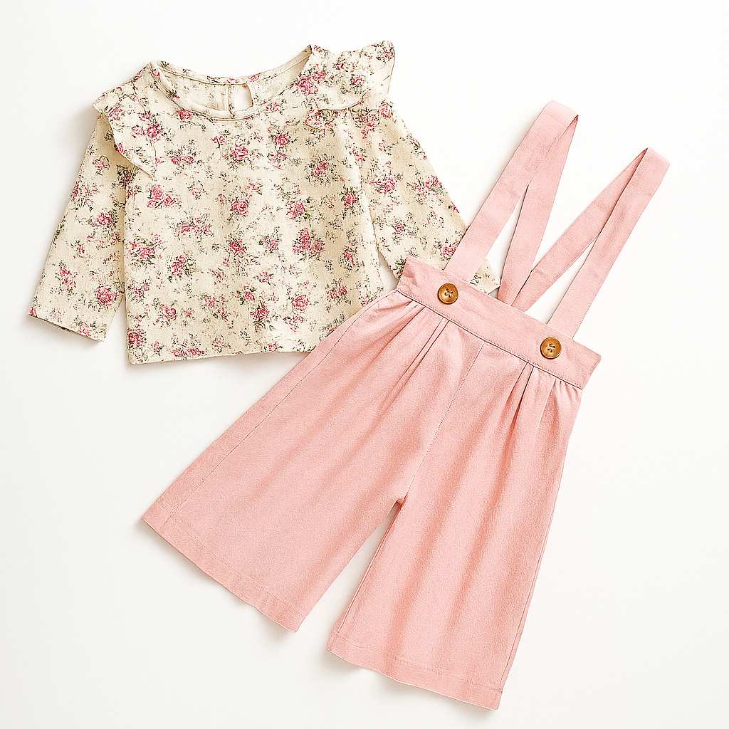 Floral Ruffle Top & Pink Suspender Wide Leg 2pcs Baby Outfit