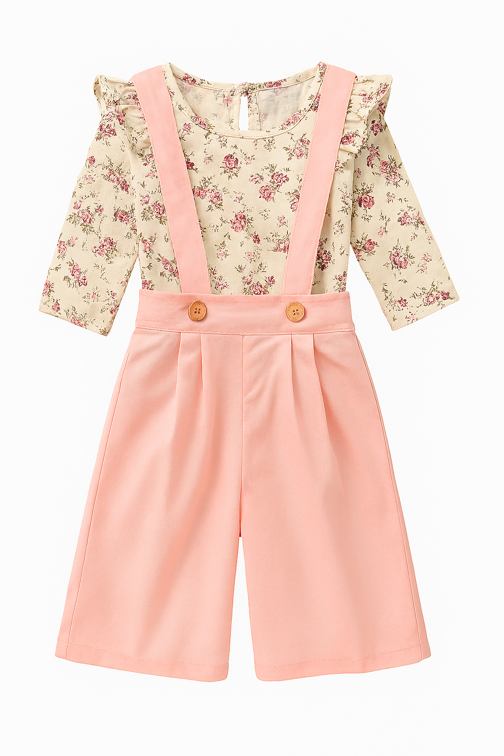 Floral Ruffle Top & Pink Suspender Wide Leg 2pcs Baby Outfit
