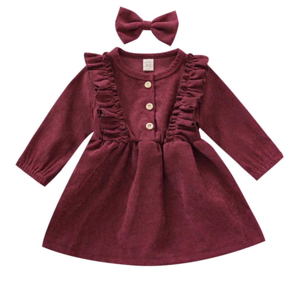 Buttons Ruffle Corduroy Girl Dress & Bow Hair Clip